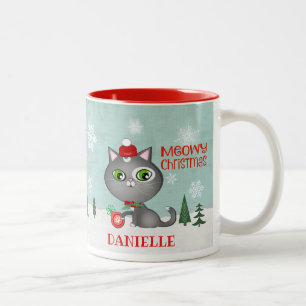 Christmas Cute Hipster Grey Cat Custom Two-Tone Coffee Mug