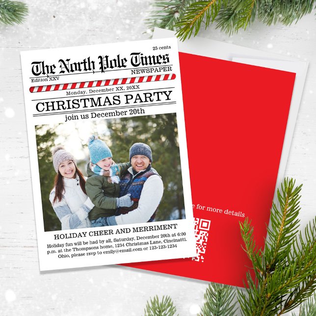 Christmas Cute Holiday Party Newspaper QR Code  Invitation (A Cute fun whimsical Christmas party a QR code for social media sharing. )