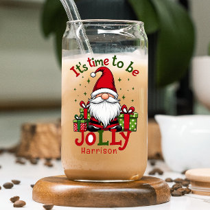 Christmas Cute Jolly Santa Personalised Name Can Glass
