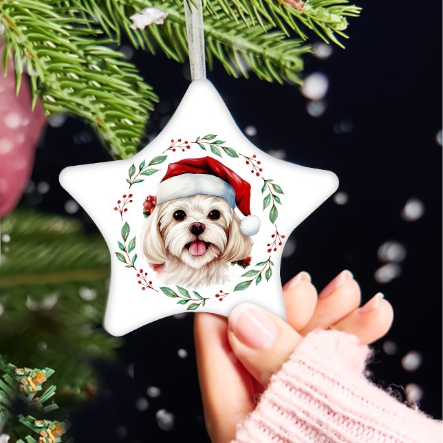 Christmas Cute Maltese Dog Personalised Ceramic Tree Decoration (Creator Uploaded)
