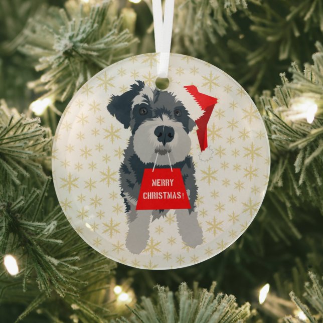 Christmas Cute Miniature Schnauzer Dog Santa Hat Glass Tree Decoration (Insitu)