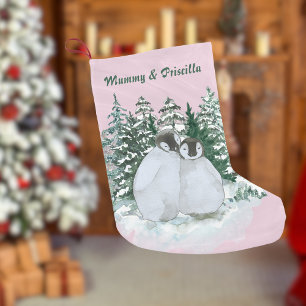 Christmas Cute Mummy & Child Penguin Snow Forest Small Christmas Stocking