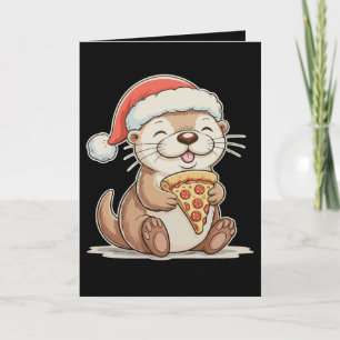 Christmas Cute Otter Eating Pizza Xmas Santa Hat Holiday Card