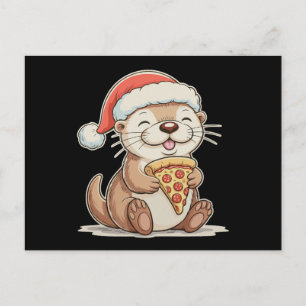Christmas Cute Otter Eating Pizza Xmas Santa Hat Holiday Postcard