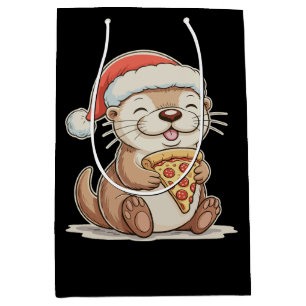 Christmas Cute Otter Eating Pizza Xmas Santa Hat Medium Gift Bag