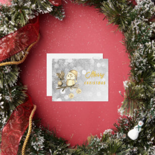 Christmas Cute Owl With Branches And Balls Foil Holiday Postcard