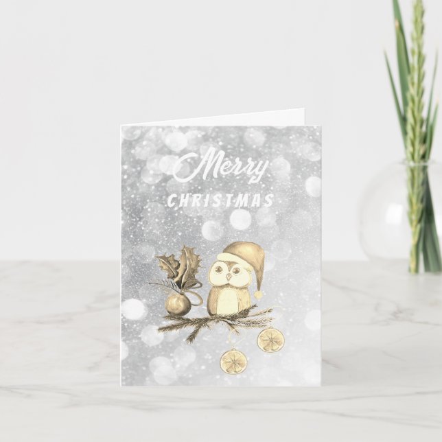 Christmas Cute Owl With Branches And Balls Holiday Card (Front)