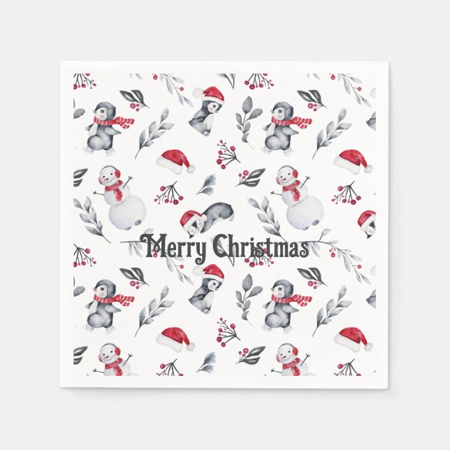 Christmas Cute Penguin Festive Snowman Holiday Napkin (Front)