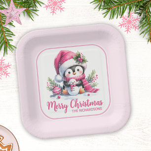 Christmas Cute Penguin Pink Custom Merry Christmas Paper Plate
