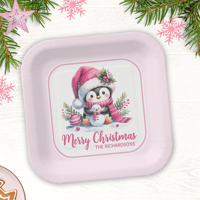 Christmas Cute Penguin Pink Custom Merry Christmas Paper Plate (Creator Uploaded)