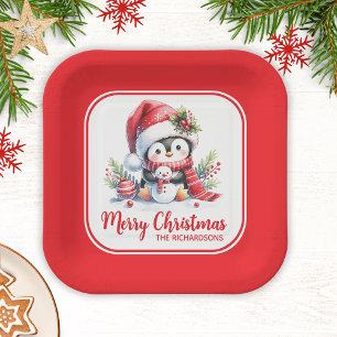Christmas Cute Penguin Red Custom Merry Christmas Paper Plate