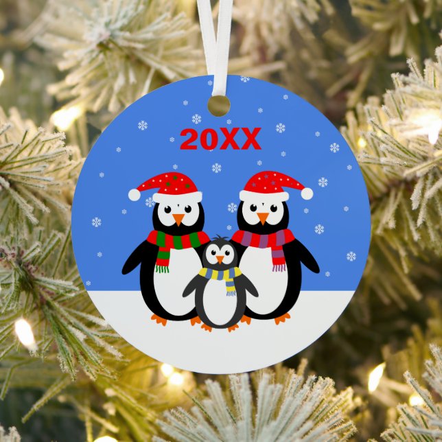 Christmas cute penguins add name date two-sided metal tree decoration (Insitu)