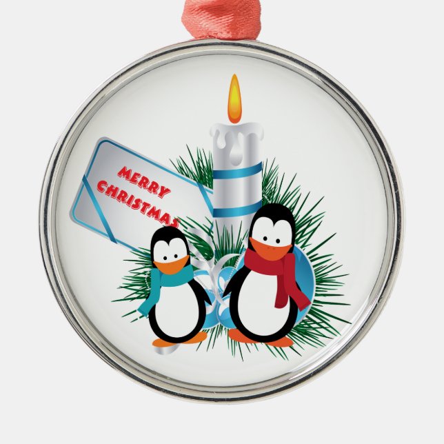 Christmas Cute Penguins And Candle custom ornament (Front)