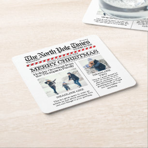 Christmas Cute Photo Collage Simple Newspaper Square Paper Coaster