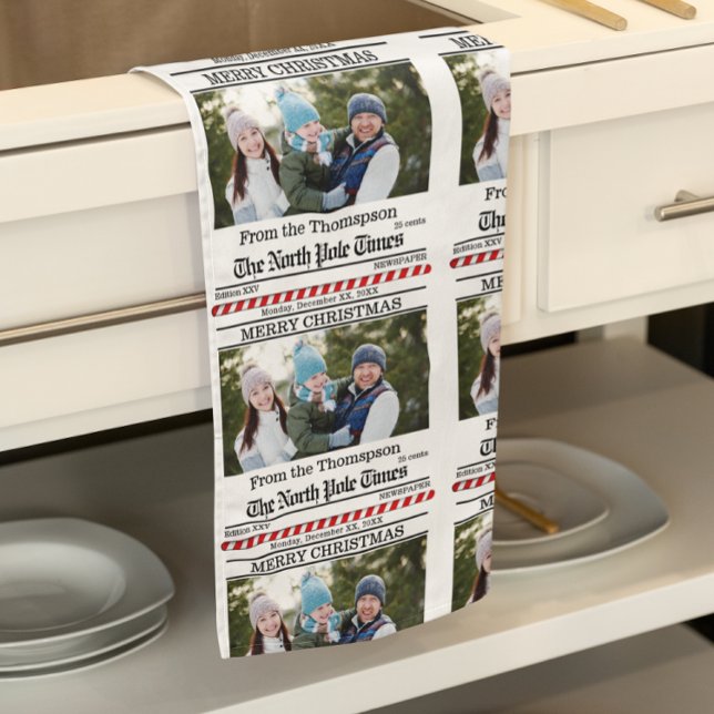 Christmas Cute Photo Whimsical Newspaper Pattern Tea Towel (Newspaper print custom photo Christmas kitchen towel)