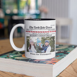 Christmas Cute Photo Whimsical Newspaper Print Two-Tone Coffee Mug