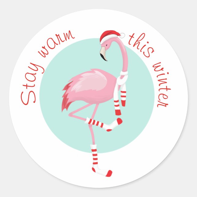 Christmas Cute Pink Flamingo Classic Round Sticker (Front)