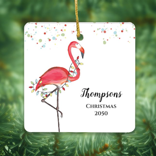 Christmas Cute Pink Flamingo Holiday Lights  Ceramic Ornament (Colorful tropical flamingo bird with red, blue, green, and yellow Christmas lights. )