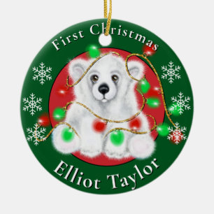 Christmas cute polar bear cub red green lights ceramic tree decoration