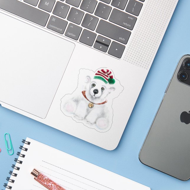 Christmas cute polar bear cub, Santa bear cub  (Laptop w/ iPhone)