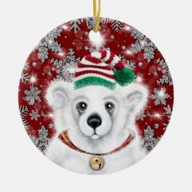 Christmas cute polar bear cub, Santa bear cub  Ceramic Tree Decoration (Front)