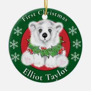 Christmas cute polar bear cub, Santa bear cub Ceramic Tree Decoration