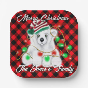 Christmas cute polar bear cub, Santa bear cub  Paper Plate