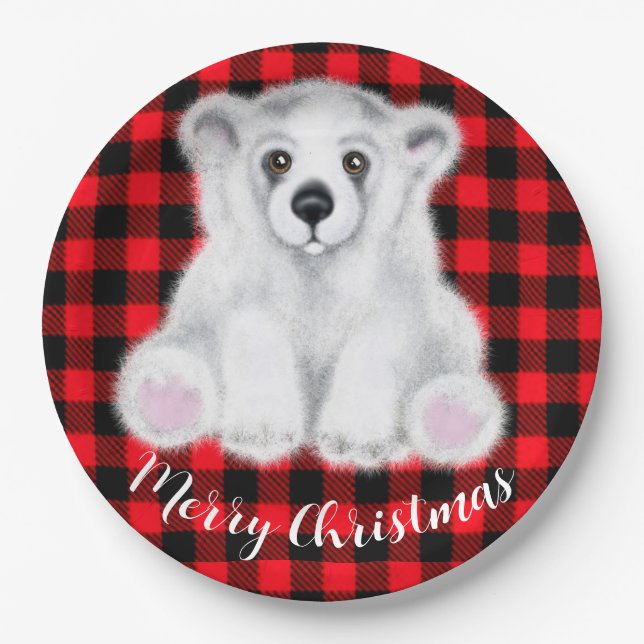 Christmas cute polar bear cub, Santa bear cub     Paper Plate (Front)