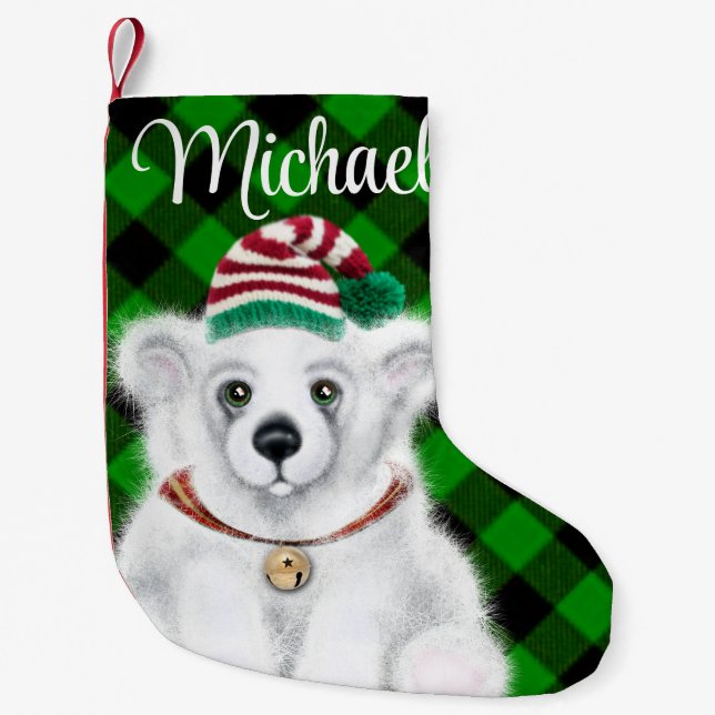 Christmas cute polar bear cub, Santa bear cub  Small Christmas Stocking (Front)