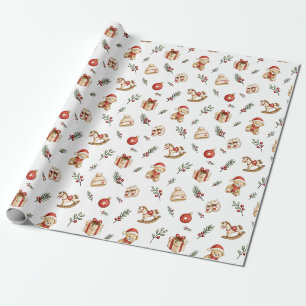Christmas Cute Red Green Watercolor Toys Patter Wrapping Paper