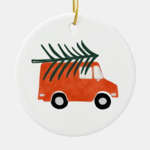 Christmas Cute Red Pickup with Tree Ceramic Tree Decoration
