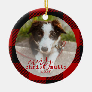 Christmas Cute Red Plaid Pet Dog Photo Ceramic Tree Decoration