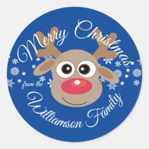 Christmas Cute Reindeer Cartoon Blue Novelty Classic Round Sticker
