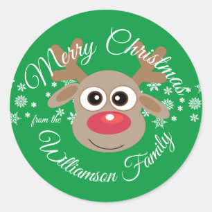 Christmas Cute Reindeer Cartoon Green Novelty Classic Round Sticker