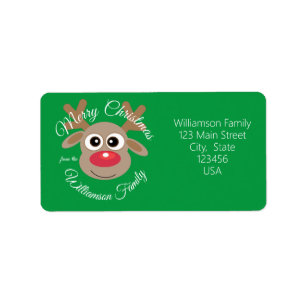 Christmas Cute Reindeer Cartoon Green Novelty Label