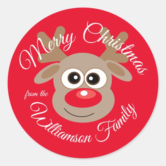 Christmas Cute Reindeer Cartoon Red Classic Round Sticker (Front)