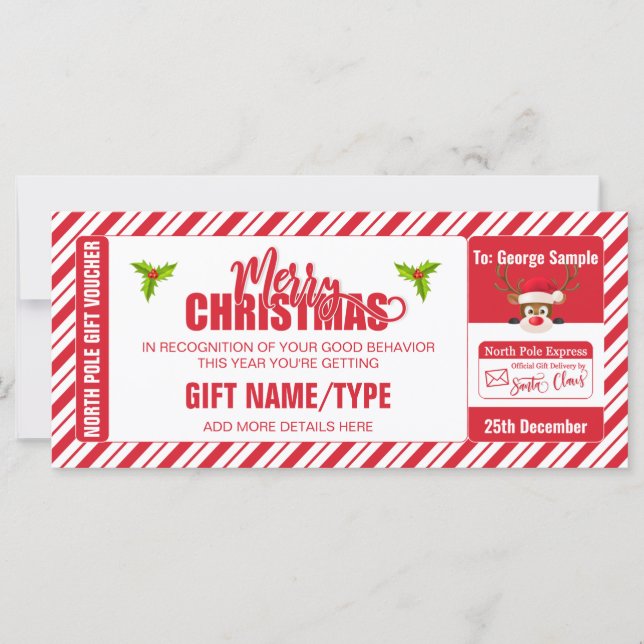 Christmas Cute Reindeer Ticket, Gift Card/Voucher (Front)