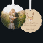 Christmas Cute Reindeer Watercolor Photo & Script Tree Decoration Card<br><div class="desc">A Christmas design: a cute reindeer head above brown handwriting, on light brown background. On the other side there is a placeholder photo of a couple of lovers kissing, from Pixabay, that it is free for commercial use. The reindeer head is generated by DALL-E 2 from Open AI. I have...</div>
