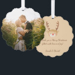 Christmas Cute Reindeer Watercolor Photo & Script Tree Decoration Card<br><div class="desc">A Christmas design: a cute reindeer head above brown handwriting, on light brown background. On the other side there is a placeholder photo of a couple of lovers kissing, from Pixabay, that it is free for commercial use. The reindeer head is generated by DALL-E 2 from Open AI. I have...</div>