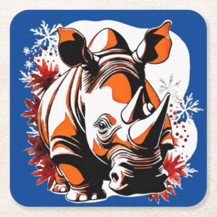 Christmas cute rhino square paper coaster
