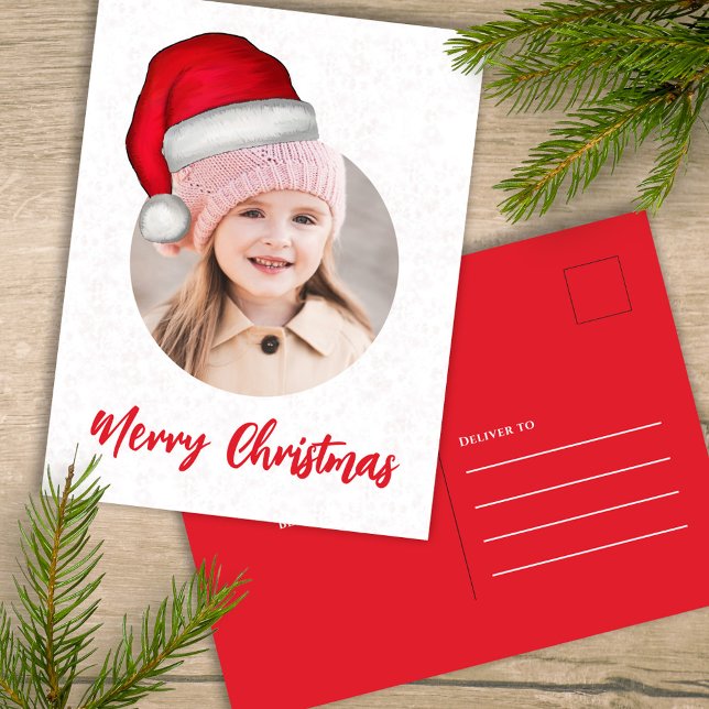 Christmas Cute Santa Elf Funny Whimsical 1 Photo  Holiday Postcard (Merry Christmas holiday single photo postcard template with circle photo template. )