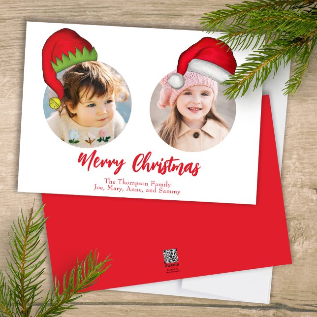Christmas Cute Santa Elf Funny Whimsical 2 Photo Holiday Card (Merry Christmas cute whimsical multi-photo greeting card with a three-photo template. )