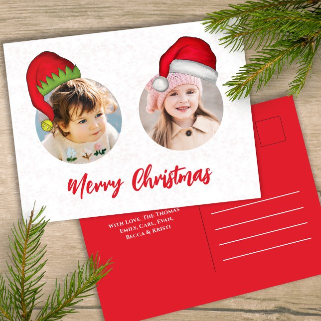 Christmas Cute Santa Elf Funny Whimsical 3 Photo Holiday Postcard (Merry Christmas holiday two photo postcard template with circle photo template. )
