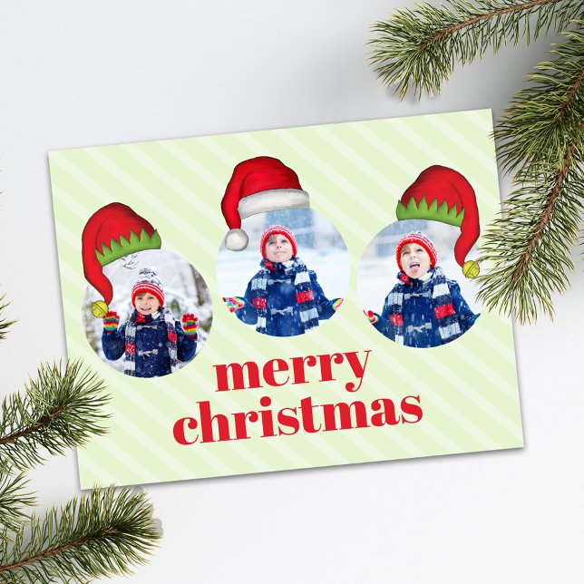 Christmas Cute Santa Elf Funny Whimsical 4 Photo  Holiday Postcard (Merry Christmas holiday photo card with Santa Hats)