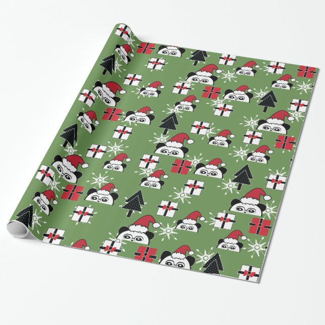 Christmas Cute Santa Pandas with Gifts Wrapping Paper (Unrolled)