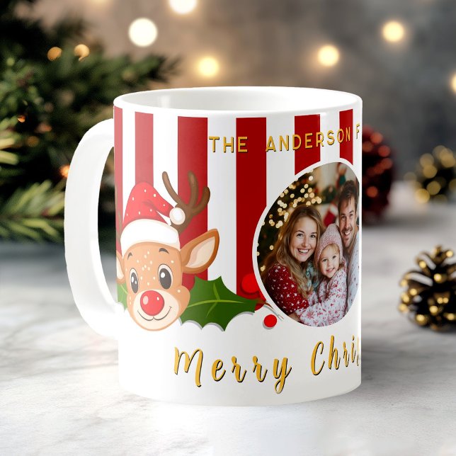Christmas Cute Santa Reindeer & Holly Family Photo Coffee Mug (Christmas Cute Santa Reindeer & Holly Family Photo Mug)