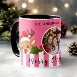 Christmas Cute Santa Reindeer & Holly Family Photo Mug<br><div class="desc">Christmas Santa Reindeer & Holly Personalised Family Name Photo Mug.</div>