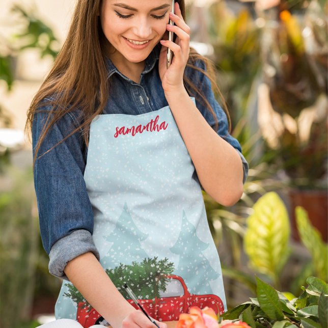 Christmas Cute Script Watercolor Rustic Red Truck Apron (Classic red truck holiday custom aprons)
