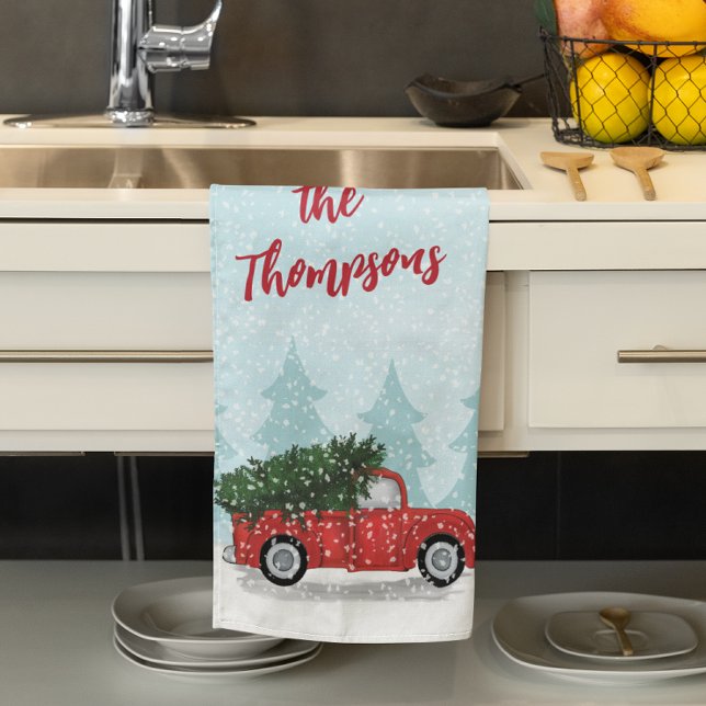 Christmas Cute Script Watercolor Rustic Red Truck Tea Towel (Custom classic rustic red truck kitchen towel. )