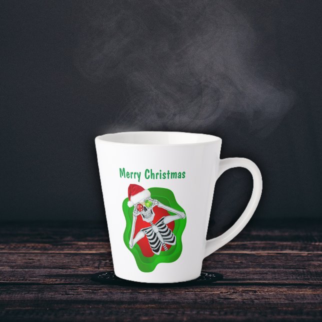Christmas Cute Skeleton Ornament Eyes in Splatter  Latte Mug (Cute Merry Christmas skeleton Santa hat ornament eyes in red green splatter shape on latte mug.)